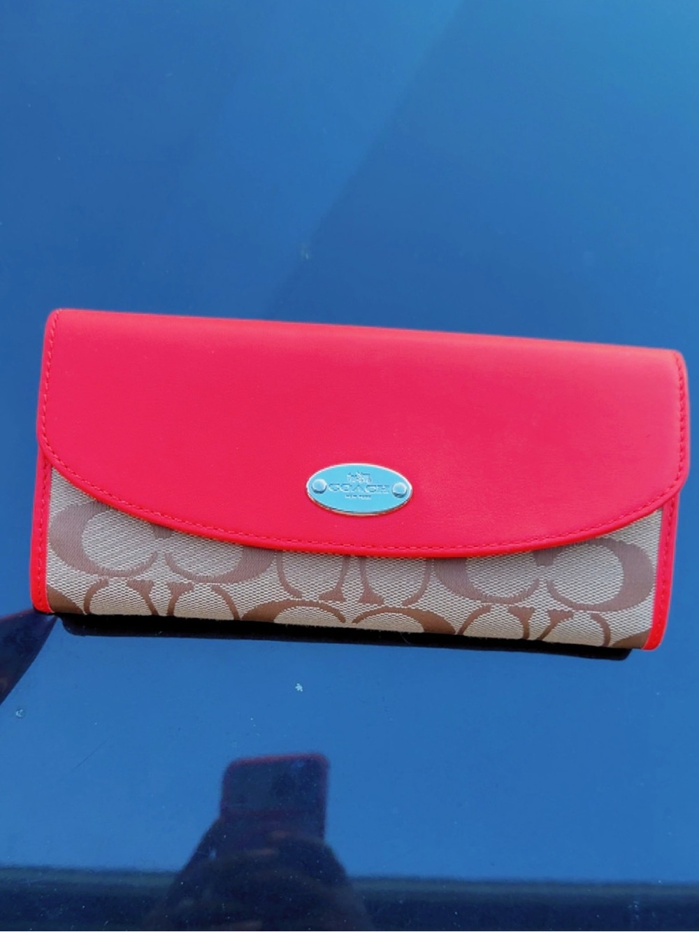 Coach Signature Canvas Wallet with Bright Red Trim